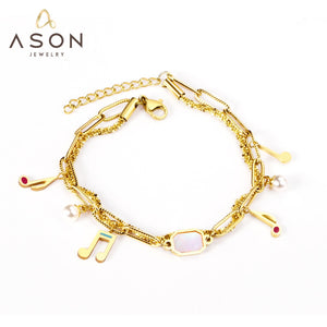 ASON Unusual 316L Stainless Steel Charm Bracelet Gold Color Bangle with Extender 17+3cm Fashion Jewelry Accessories