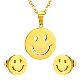 ASON Smile Face Jewelry Set Stainless Steel Pendant Necklace Small Piercing Stud Earrings Gold Color Fashion Party Gift