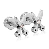 ASON Gold Color AAA CZ Scissors Screw Piercing Stud Earring Set for Women Cool Jewelry Stainless Steel Crystal Earring