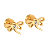 ASON Stainless Steel Dragonfly Cubic Zirconia Screw Stud Earring Classic Style Gold Color Christmas Earring Female Party