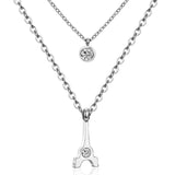 ASON Classic Jewelry Stainless Steel Eiffel Town Pendant Necklace with Round Cubic Zirconia for Women Double Link Chain