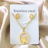 ASON Gold Color 316L Stainless Steel Jewelry Sets  for Women Round Owl Pendant Necklace Small Stud Earrings for Femme