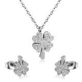 ASON Flower Cubic Zirconia Chain Pendant Necklace Piercing Stud Earrings Jewelry Sets Gold Color Stainless Steel For Women