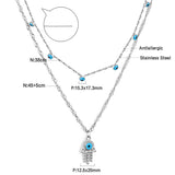 New Hamsa Hand Pendant Necklace For Women Girls Stainless Steel Blue Evil Eyes Double Layer Chain Turkish Luck Jewelry