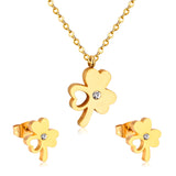 ASON Flower Cubic Zirconia Chain Pendant Necklace Piercing Stud Earrings Jewelry Sets Gold Color Stainless Steel For Women