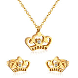 ASON Simple Style Crown Shape Frosted Gold Color Necklace Earrings Stainless Steel for Women Fashion Jewelry Sets Party