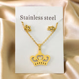 ASON Crown Pendant Necklace Charm Small Piercing Stud Earrings Jewelry Sets Gold Color Stainless Steel For Women