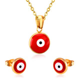 ASON Gold Jewelry Sets Women Accessories Stainless Steel Red Color Eye Pendant Necklace Earring Fashion Jewelry Party Gift