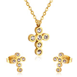 ASON Classical Cross Wedding Zirconia Jewelry Set Pendant Necklace & Drop Stud Earrings Gold 316L Stainless Steel for Women