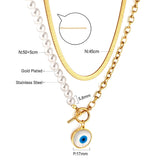 Fashion Shell Evil Eye Pendant Necklace Snake Pearl Double Chain For Women Stainless Steel Turkish Wedding Party Gifts