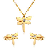 ASON Dragonfly Necklace Earrings Jewelry Set Stainless Steel Gold Color Animal Pendants Necklaces Statement Fashion Jewelry