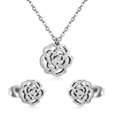 ASON Romantic Flower Shape Pendants Chain Necklace Piercing Stud Earrings Jewelry Sets Stainless Steel Gold Color For Women