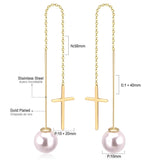 ASON Long Line Link Chain Imitation Pearl Dangle Earrings for Women Gold Color Cross Earrings Female Bijoux Pendientes