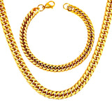 ASON 7mm Link Chians Jewelry Set Gold Color Stainless Steel Cuban Chain Necklace Bracelet Bangle Set For Women Men Fashion