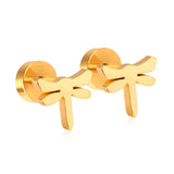 ASON Stainless Steel Dragonfly Cubic Zirconia Screw Stud Earring Classic Style Gold Color Christmas Earring Female Party