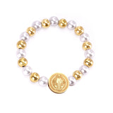 ASON Pulseras Ball Beaded Bracelets With Imitation Pearl Gold Color Stainless Steel Round Jesu Pendants Women Bangle