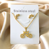 ASON Gold Color Jewelry Sets 316L Stainless Steel for Women Men Bike Shape Pendant Necklace Small Stud Earrings for Femme