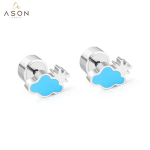 ASON mignon enfants oreille Stud couleur argent acier inoxydable bleu nuage petit dessin animé boucles d'oreilles pour fille femmes cadeaux bijoux 