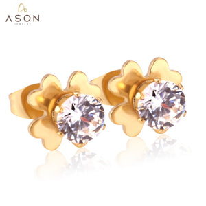 ASON Flower Shape Round AAA CZ Earring Stainless Steel Push Back Stud Earrings Female Brinco Party Wholesale 2022 New Style