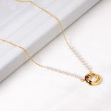 ASON Gold Color Smile Face Pendant Imitation Pearl Necklace Stainless Steel Bead Chain 40+7cm for Women Fashion Jewelry