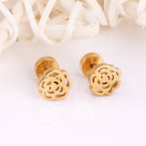 ASON-pendientes de tuerca con forma de flor para mujer, Piercing de estilo romántico, Circonia cúbica, Color dorado, acero inoxidable, joyería hueca para fiesta 