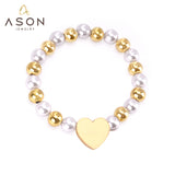 ASON Heart Shape Pendant 8mm Ball Beaded With Imitation Pearl Chain Bracelets Gold Color Stainless Steel For Women Jewelry