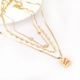 Triple Trendy Products Stainless Steel Necklaces For Woman Snake Beads Chain Green Heart Pink Zirconia Vneck Choker