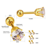 ASON Size 3mm/4mm/5mm Gold Color Cubic Zirconia Round Screw Piercing Stud Earring Stainless Steel Earring For Women Jewelry