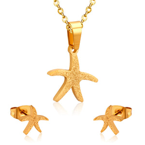 Jewelry set Scrub Sea Star Pendant Necklace Small Stud Earrings Gold / Steel Jewelry Sets For Women Girl Gift