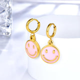 Pendientes de aro redondos con cara sonriente para mujeres y niñas, pendientes colgantes de acero inoxidable con goteo de aceite, joyería coreana Kpop 