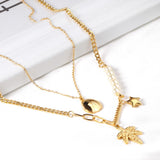 ASON Leaves Ladybug Imitation Pearl Multi-layer Chains Pendant Necklaces Gold Color Stainless Steel for Women Jewelry