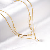 ASON Stainless Steel Trendy Double Chains Necklace With Pearl Pendant Necklace Gold Color For Women Jewelry Party Gift