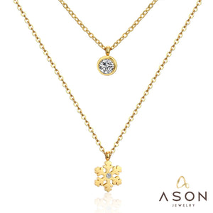 ASON Snowflake Round Cubic Zirconia Pandents Double Chains Necklaces Gold Color Stainless Steel For Women Chokers Christmas