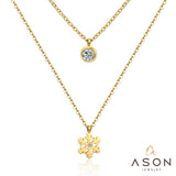 ASON copo de nieve redondo Cubic Zirconia colgantes cadenas dobles collares Color oro acero inoxidable para mujeres gargantillas Navidad 