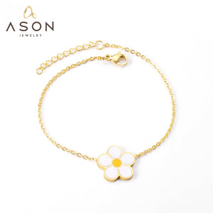 ASON Fashion Big White Flower Pendant Bracelet 316L Stainless Steel Bangle 18cm+3cm Length for Women Jewelry Accessories