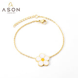 ASON Fashion Big White Flower Pendant Bracelet 316L Stainless Steel Bangle 18cm+3cm Length for Women Jewelry Accessories