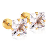 ASON 3-7mm Square Cubic Zirconia Screw Piercing Stud Earring Set Gold Color for Women Girl Men Ear Stainless Steel Jewelry