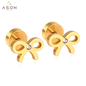 ASON Girl Jewelry Bow-knot Shape Crystal Stud Earrings Wholesale Stainless Steel Anti-allergy Earring Fashion Jewelry Party