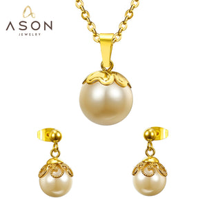 ASON Gold Color Bridal Wedding Jewelry Sets for Women 316L Stainless Steel Imitation Pearl Necklace Pendant Drop Earrings