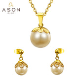 ASON Gold Color Bridal Wedding Jewelry Sets for Women 316L Stainless Steel Imitation Pearl Necklace Pendant Drop Earrings