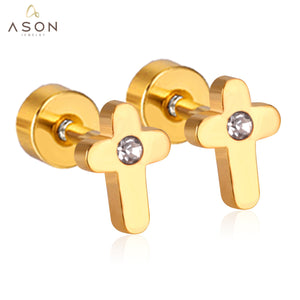 ASON Religious Cubic Zirconia Screw Stud Earrings Gold Color Stainless Steel For Women Men Jewelry Brinco Party Wholesale