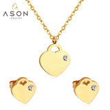 ASON Luxury Heart Pendants Necklaces Earrings Jewelry Set Gold Color Fashion Stainless Steel for Women Cubic Zirconia Cute