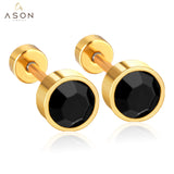 ASON 3-7mm Round Crystal Screw Piercing Stud Earrings Gold Color Black Stainless Steel Female Christmas Gift Party Jewelry