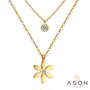 ASON Flower Round Cubic Zironia Choker Multi-layer Chains Pendant Necklace Stainless Steel Gold Color Fashion Jewelry Daily