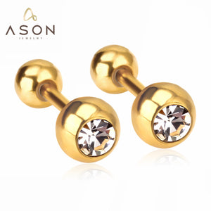 ASON Surgical Round Shape Cubic Zirconia Screw Stud Earrings Gold Color Stainless Steel for Kid/Women/Girl Jewelry Priecing