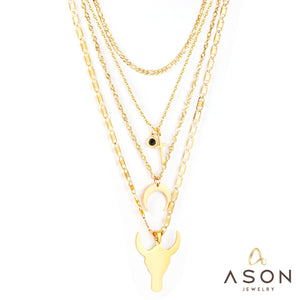 ASON Stainless Steel Gold Color Cross Moon Bull Head Pendant Multi Layer Necklace for Women Fashion Choker Jewelry