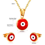 ASON Gold Jewelry Sets Women Accessories Stainless Steel Red Color Eye Pendant Necklace Earring Fashion Jewelry Party Gift