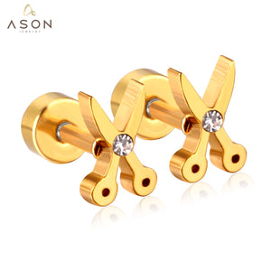 ASON Gold Color AAA CZ Scissors Screw Piercing Stud Earring Set for Women Cool Jewelry Stainless Steel Crystal Earring