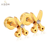 ASON Gold Color AAA CZ Scissors Screw Piercing Stud Earring Set for Women Cool Jewelry Stainless Steel Crystal Earring