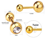 ASON Surgical Round Shape Cubic Zirconia Screw Stud Earrings Gold Color Stainless Steel for Kid/Women/Girl Jewelry Priecing